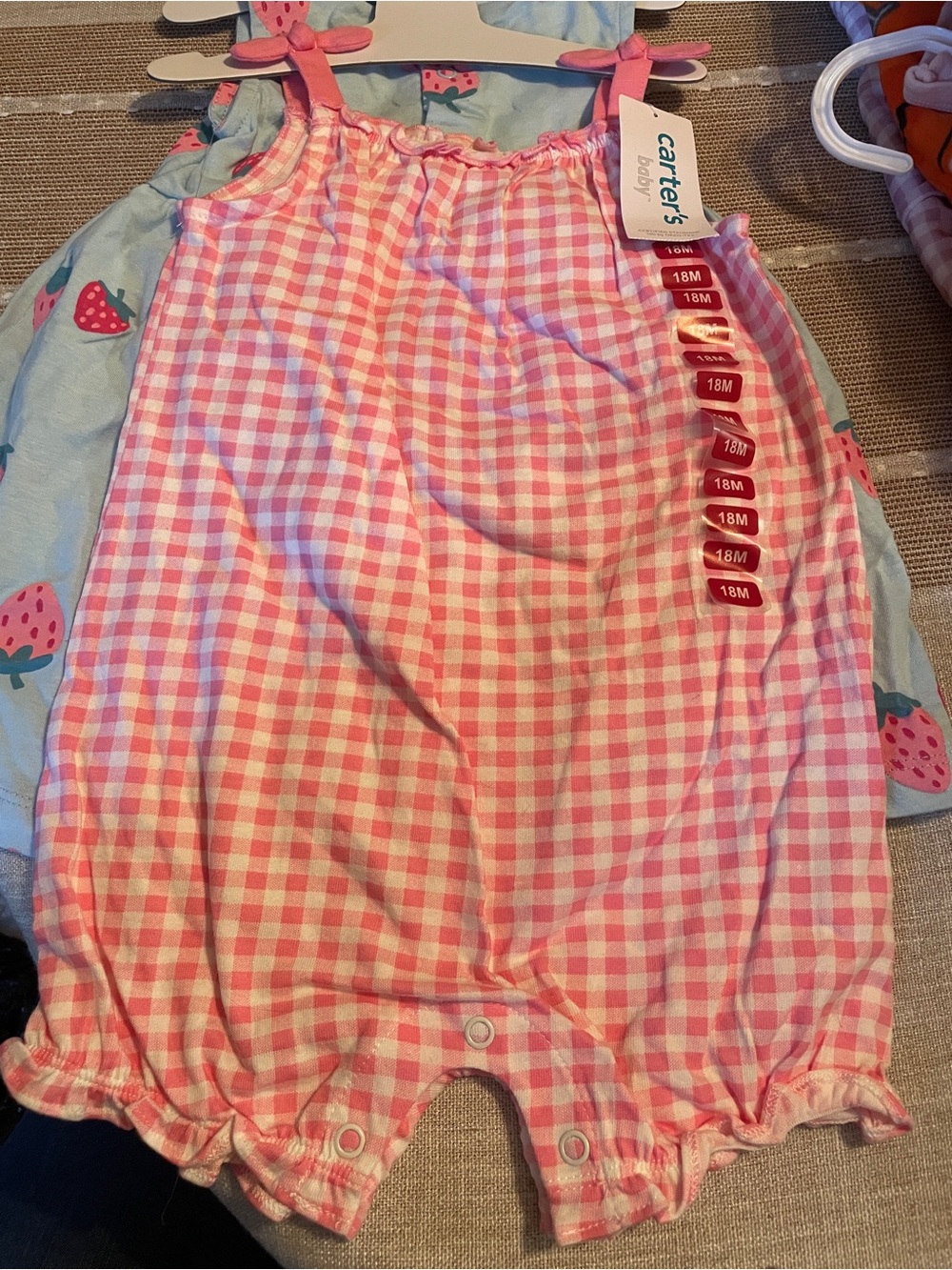 Carter's Pink and White Gingham and Strawberry Rompers